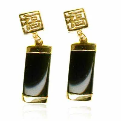 18K Gold over Sterling Silver Onyx Chinese Motif Dangle Earrings - Grocery