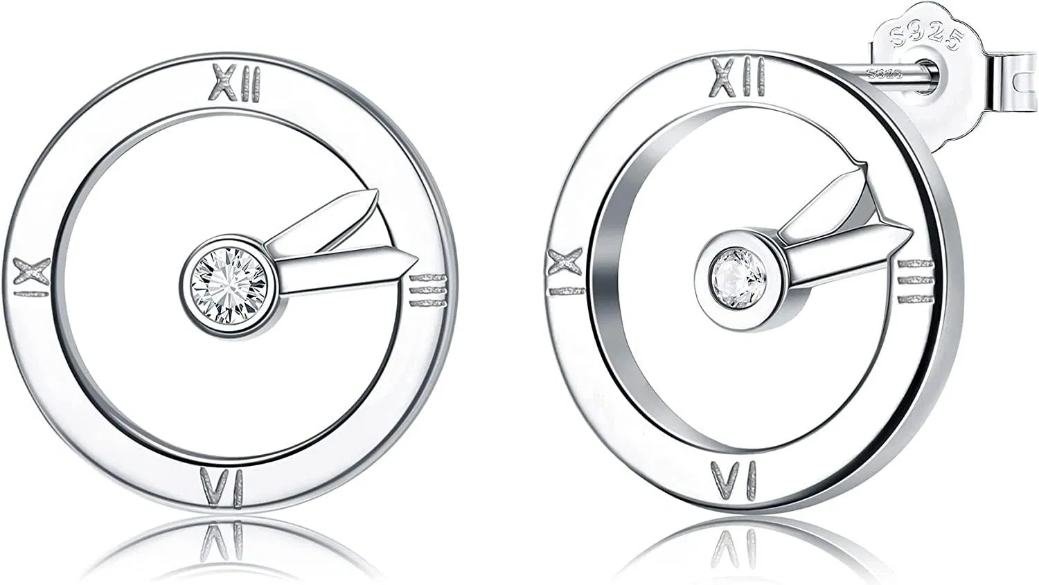 Clock Stud Earrings 925 Sterling Silver Stud Earrings for Women Cubic Zirconia Round Circle Stud Earrings White Gold Plated Valentines Day Gift for Her - Grocery