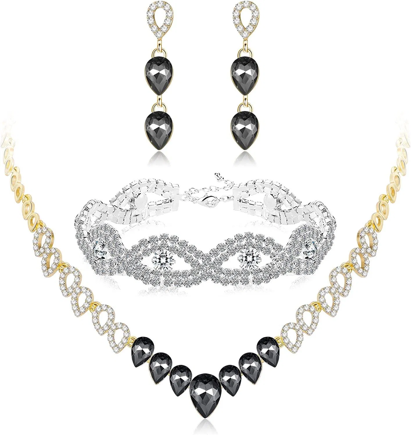 Crystal Bridal Set for Women Rhinestone Necklace Earrings Bracelet Wedding Bridesmaid Set - Grocery
