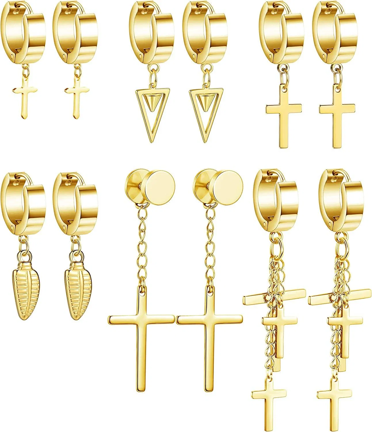 6 Pairs Cross Dangle Hinged Hoop Earrings for Men and Women Stainless Punk Hip-hop Ear Earrings - Grocery