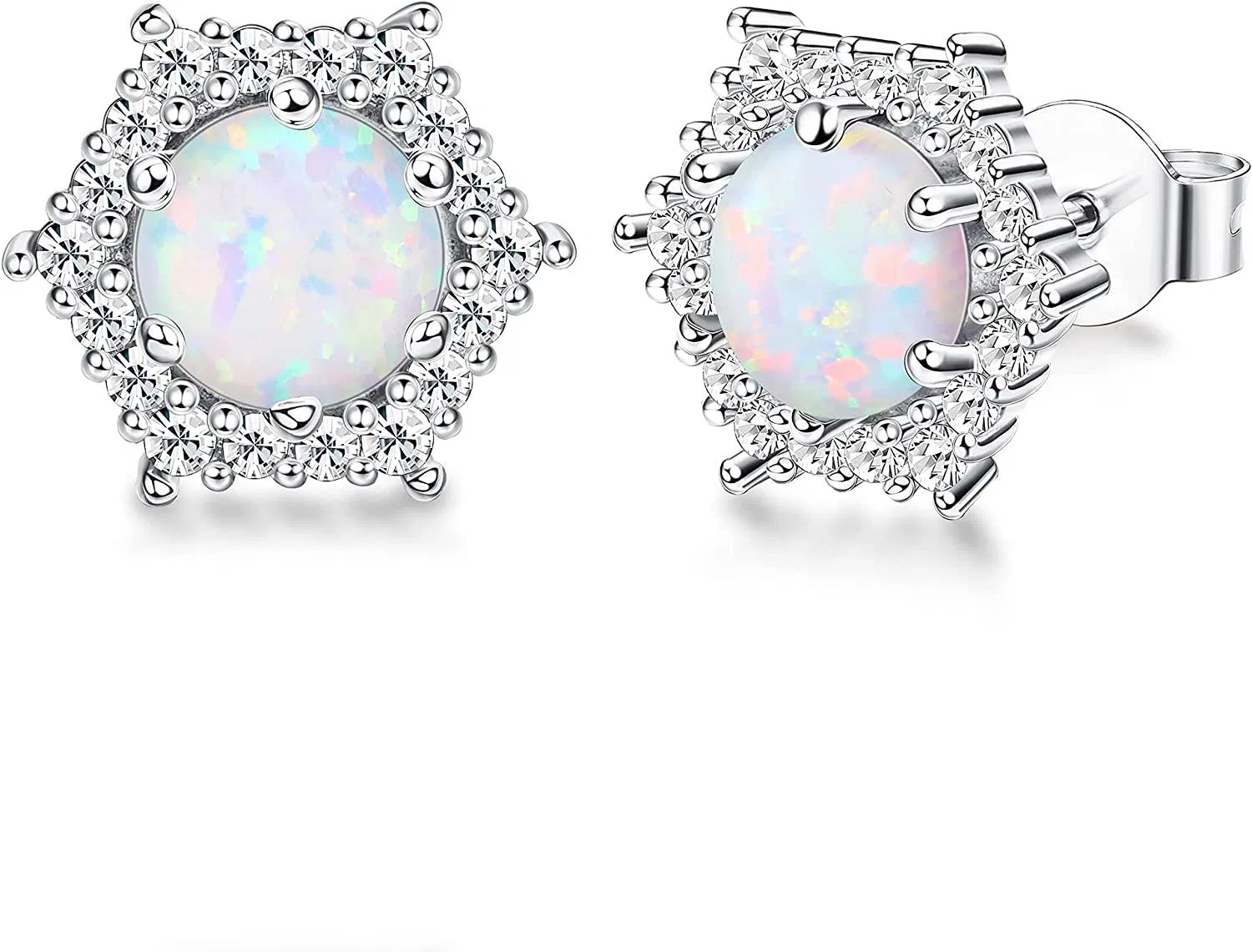 Opal Stud Earrings For Women 6mm Opal and Cubic Zirconia Halo Stud Earrings Statement Earrings October Birthstone Earrings - Grocery