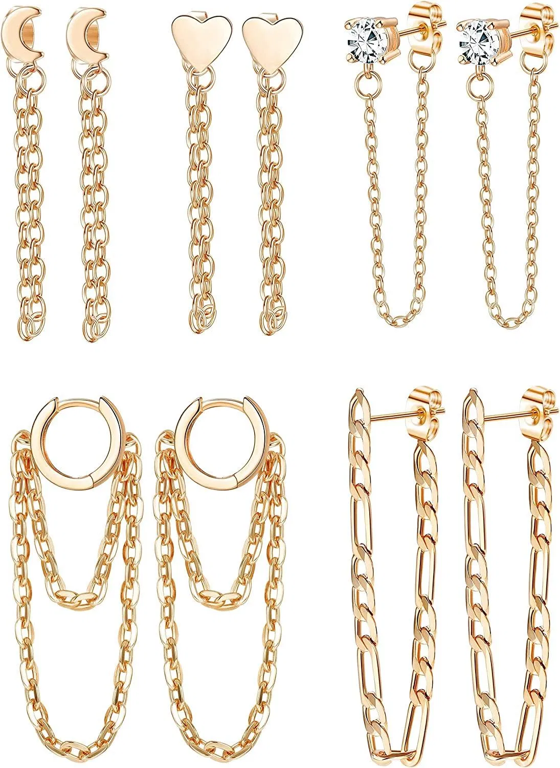 5 pairs Chain Earrings for Women Chain Wrap Cuff Bar Stud Dangle Chain Hoop Stud Earrings heart chain earrings Gift - Grocery