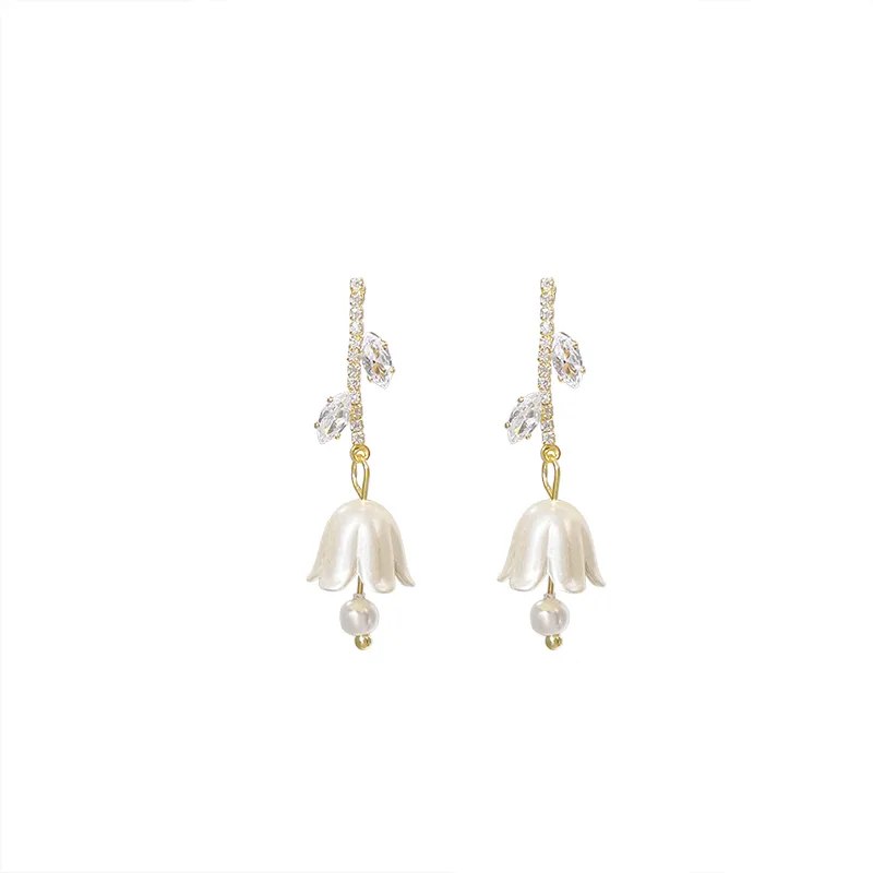 Bell Orchid Pearl Tassel Zircon Earrings Female - Grocery