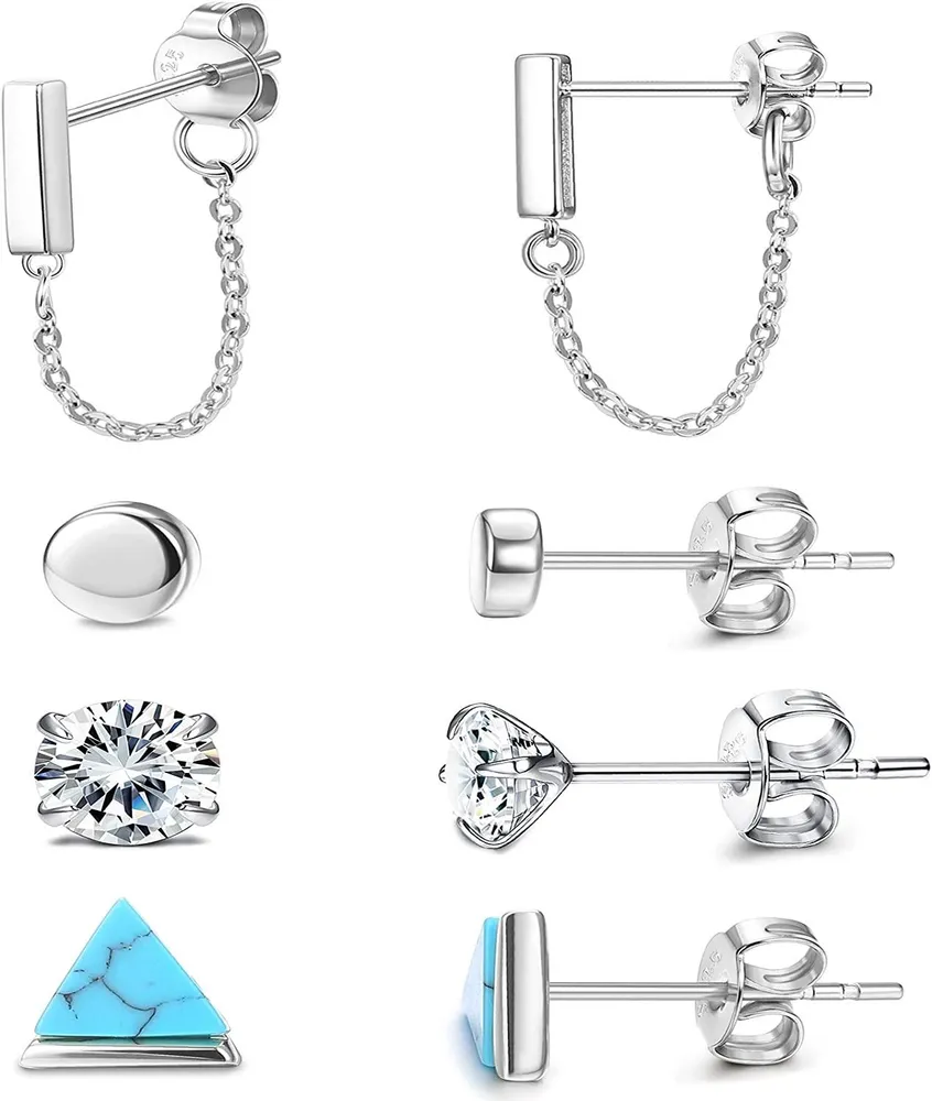 4 Pairs Sterling Silver Stud Earrings for Women Men Minimalist Bar Chain Dangle Earring Small Cute CZ Flat Triangle Stud Earrings Set - Grocery