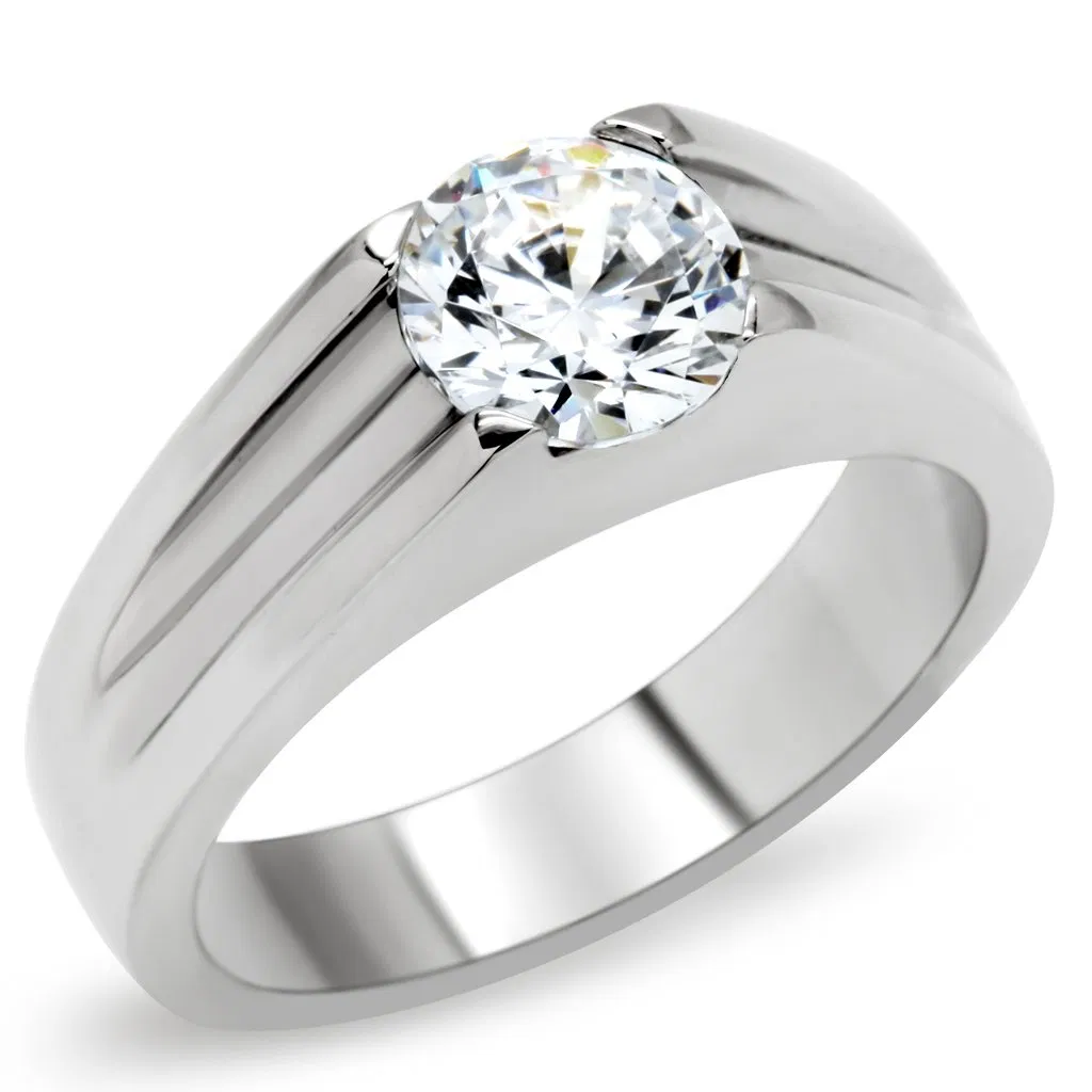 TK193 - High polished (no plating) Stainless Steel Ring with AAA Grade CZ in Clear - Grocery