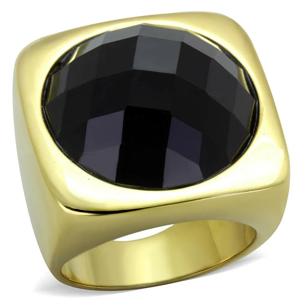 TK1925 - IP Gold(Ion Plating) Stainless Steel Ring with Synthetic Synthetic Stone in Jet - Grocery