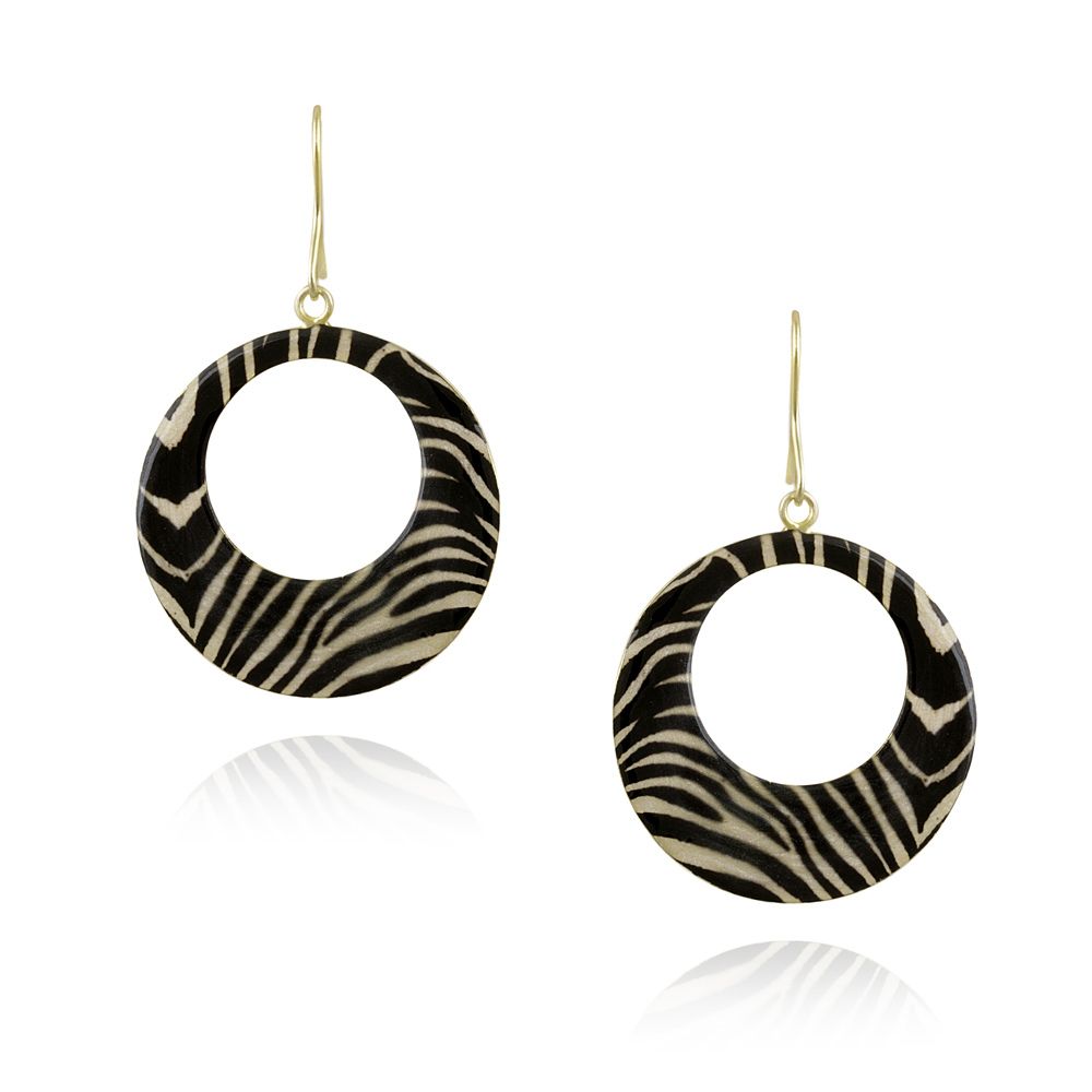 Gold Tone Enamel Zebra Print Circle Dangle Earrings - Grocery