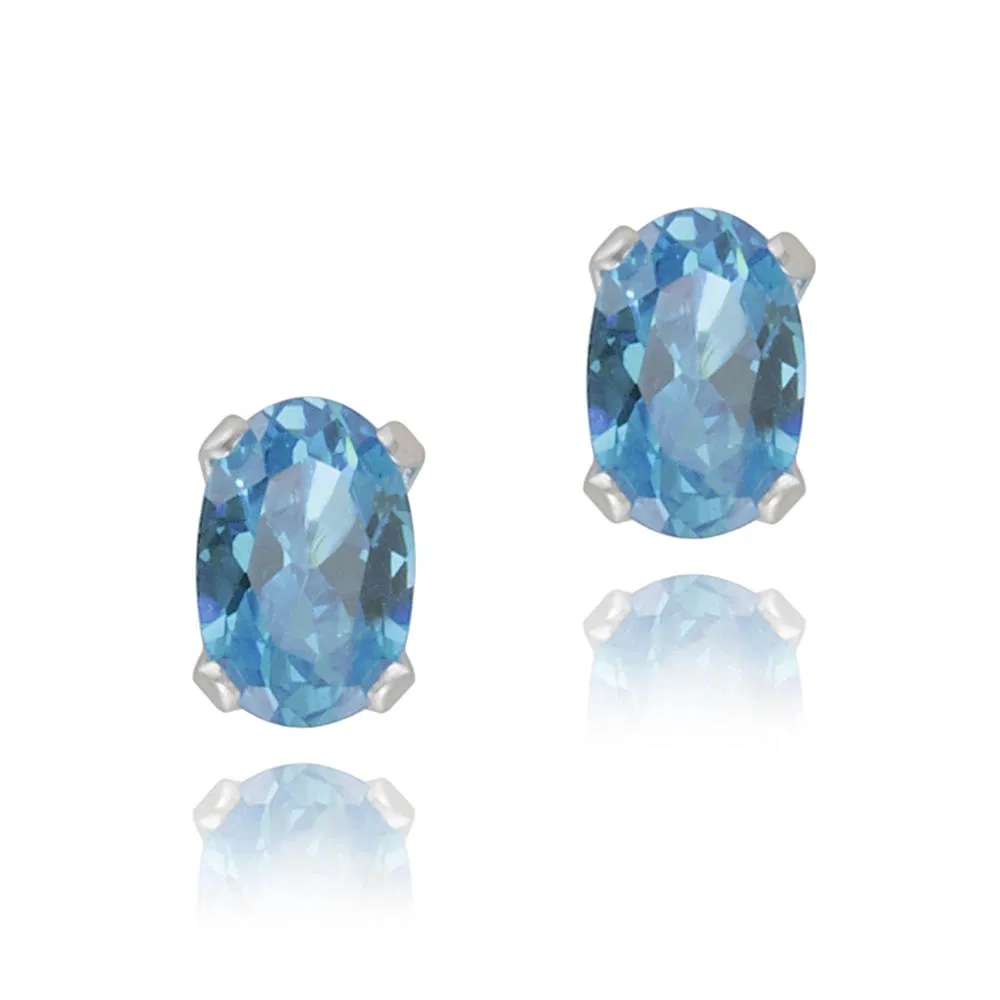 Sterling Silver Light Blue CZ 6x4mm Oval Stud Earrings - Grocery