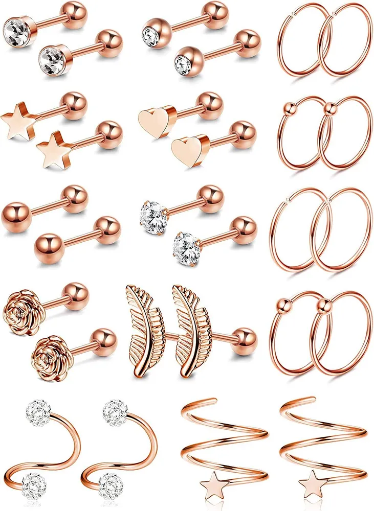 14 Pairs Stainless Helix Hoop Stud Earrings Tragus Cubic Zirconia Inlaid Earrings Cartilage Barbell Piercing for Men Women - Grocery