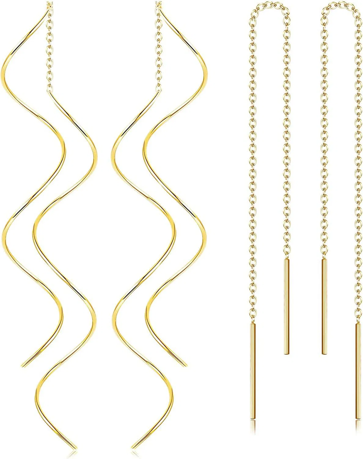 2Pairs Stainless Tassel Threader Earrings for Women Lightweight Wave Threader Dangle Drop Minimalist Chain Earrings Set - Grocery