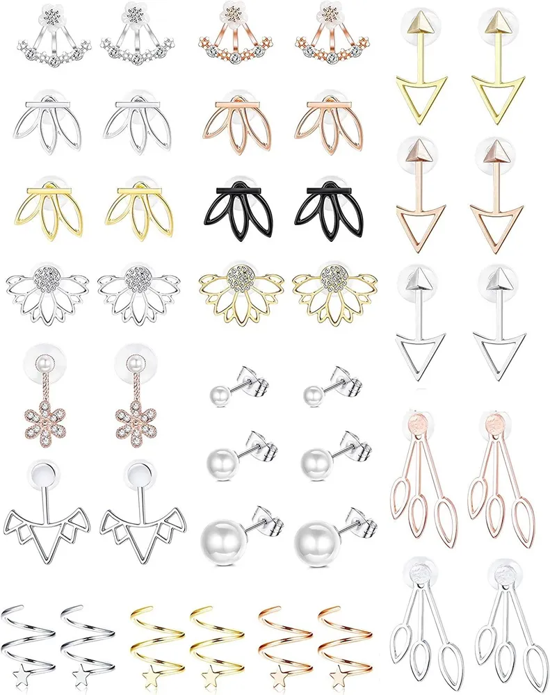 21Pairs Ear Jacket Studs Lotus Flower Earrings for Women Simple Chic CZ Earrings Jewelry - Grocery