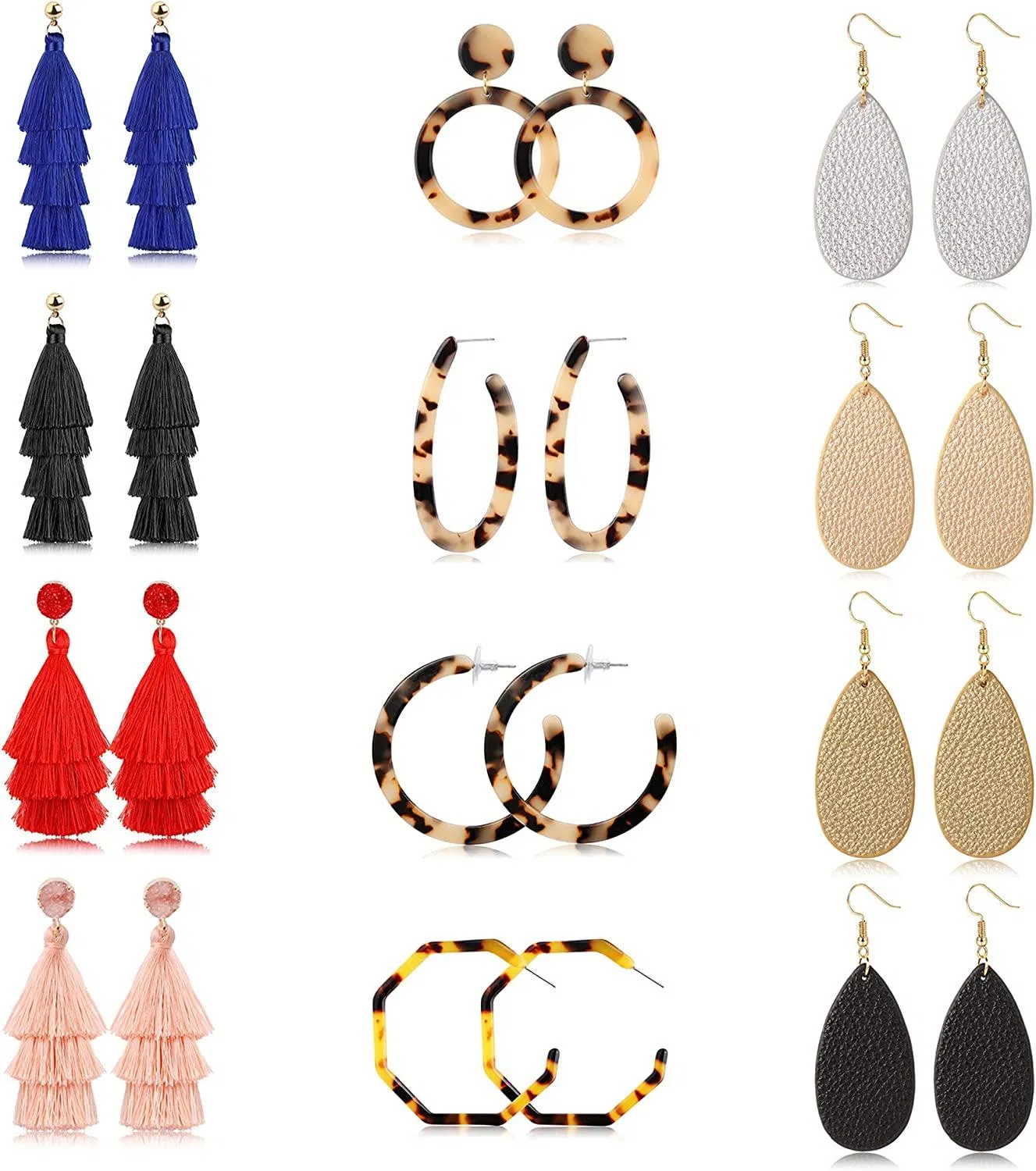 12 Pairs Acrylic Leather Tassel Earring Set Bohemian Teardrop Earrings Drop Dangle Earring Fashion Statement earrings for Women - Grocery