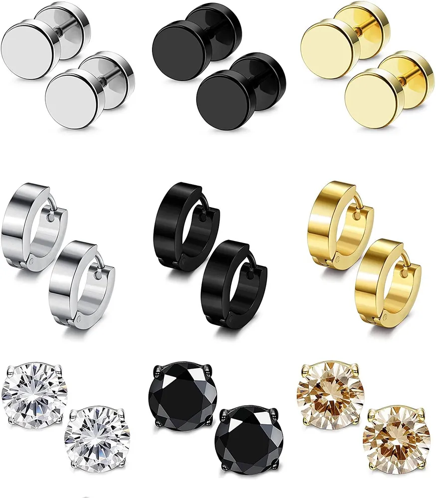 12 Pairs Stainless CZ Stud Earrings Hoop Earrings Gauge Earrings Set for Men Women piercing earrings - Grocery