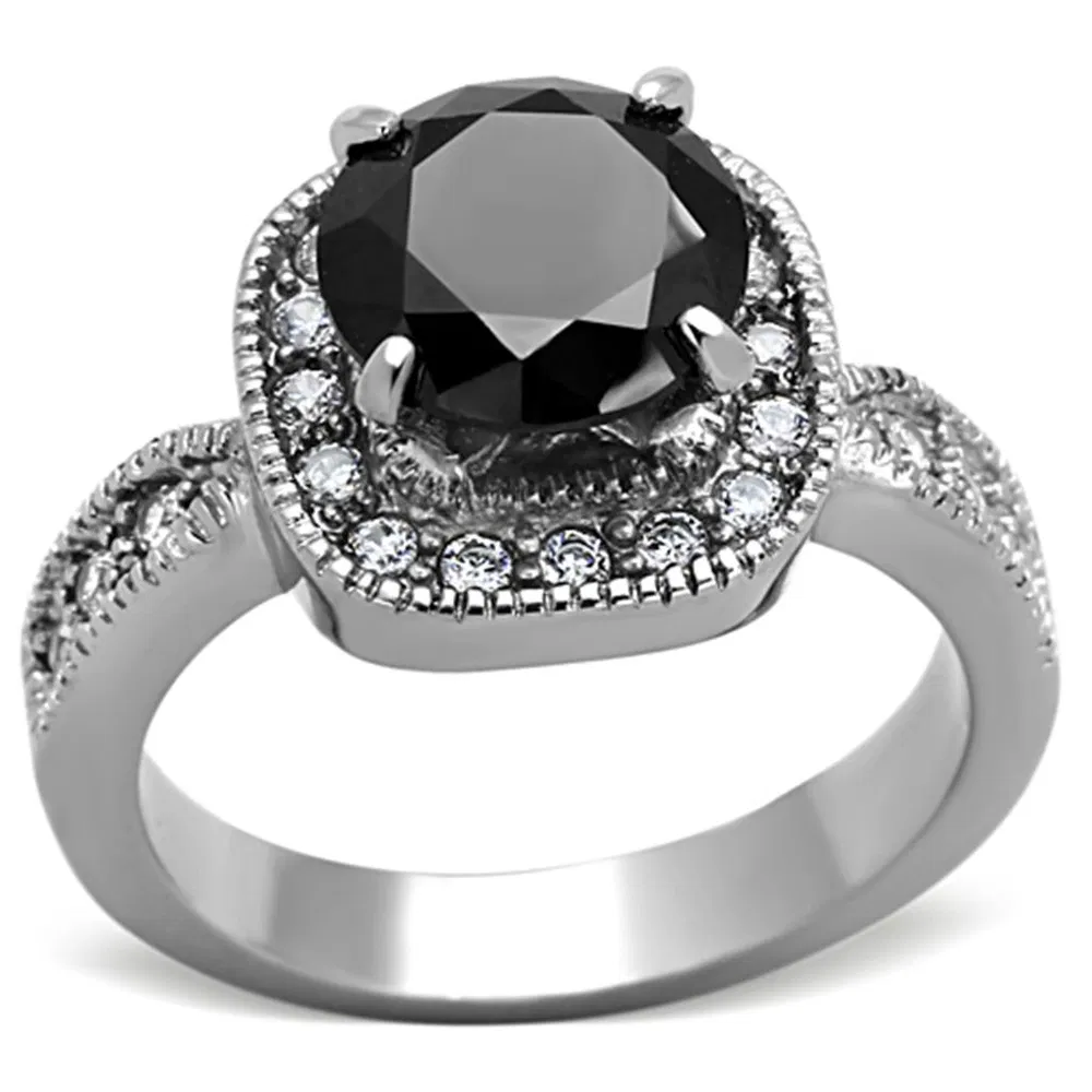TK1322 - High polished (no plating) Stainless Steel Ring with AAA Grade CZ in Black Diamond - Grocery