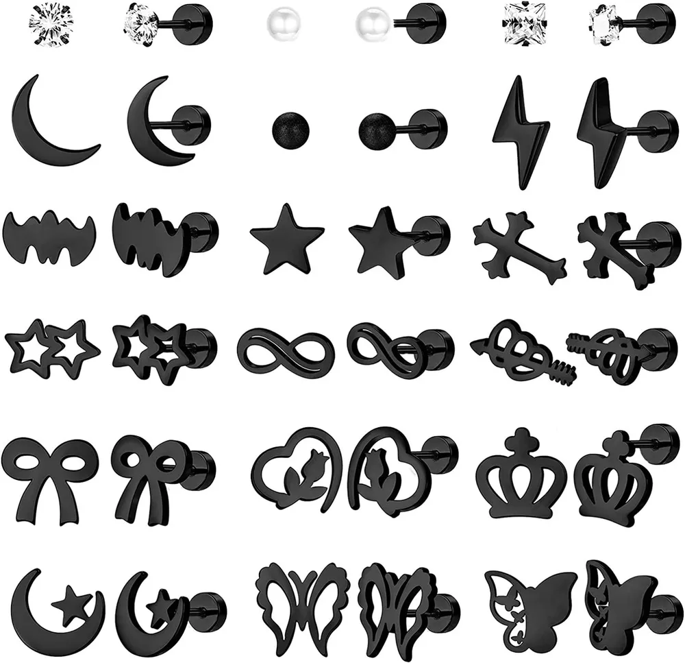18 Pairs Stainless Cartilage Stud Earrings for Women Men Butterfly Star Moon Heart Helix Flat Back Earrings Set for Women Ear Piercing Set - Grocery