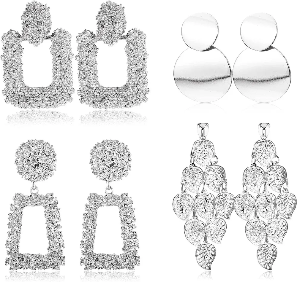 Clip On Drop Earrings Set Leaf Round Trapezoid Square Rectangle Geometric Clipon Earrings-Non Piercing Dangle Earrings - Grocery