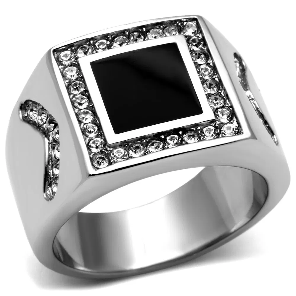 TK702 - High polished (no plating) Stainless Steel Ring with Top Grade Crystal in Clear - Grocery