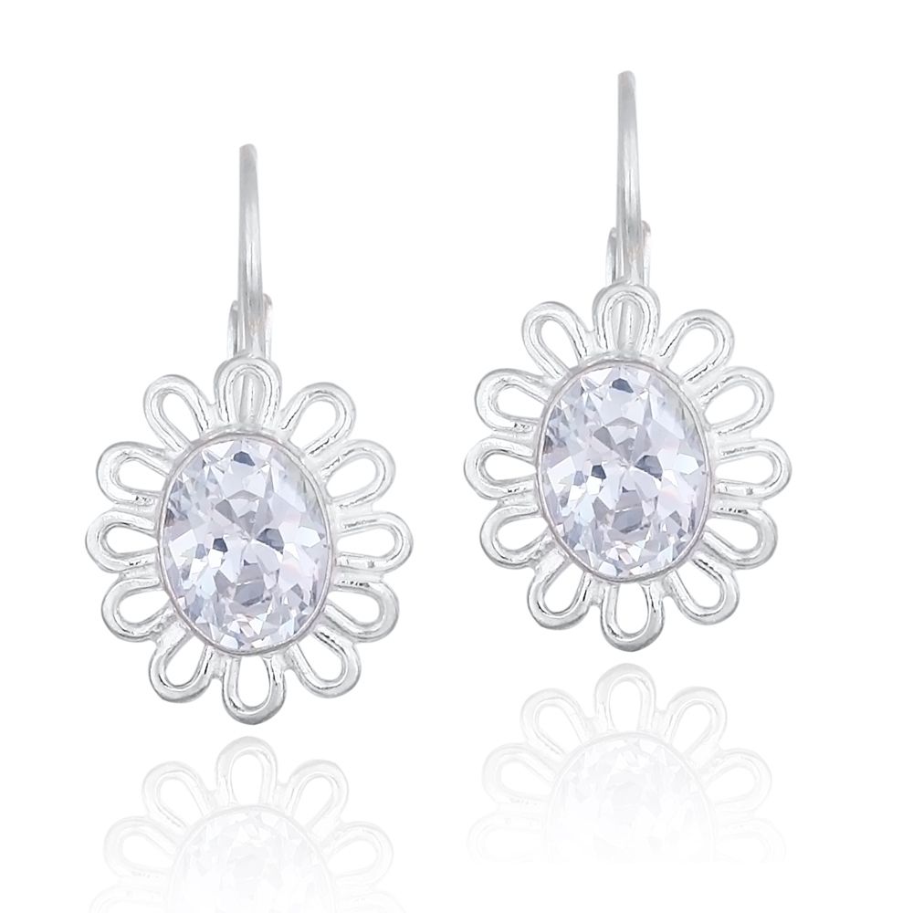 Sterling Silver Oval Prong Set Simulated Diamond cz Flower LeverBack Lever Back Earrings - Grocery