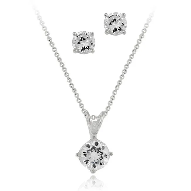 Sterling Silver Round CZ Solitaire Pendant & Stud Earrings Set - Grocery