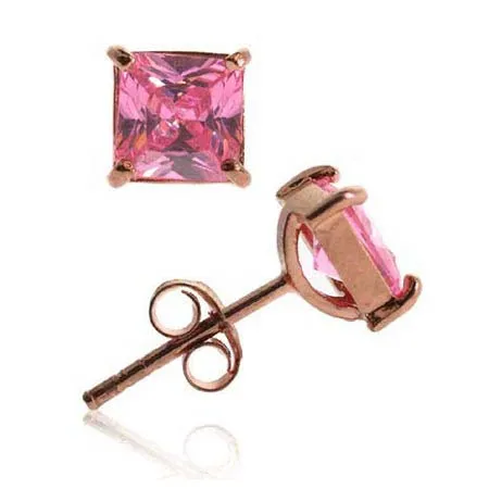 18K Rose Gold over Sterling Silver Pink CZ 5mm Square Stud Earrings - Grocery