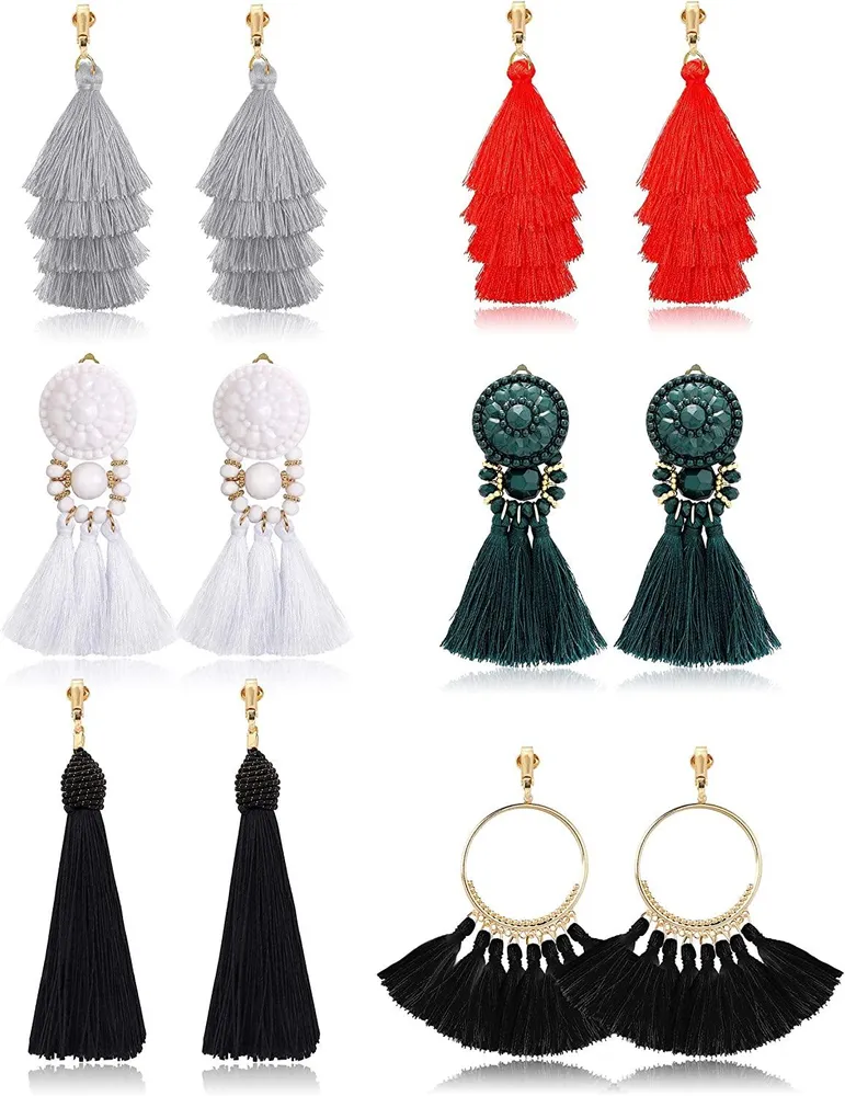6 Pairs Tassel Earrings for Women Dangle Clip On Earrings Colorful Long Layered Tassel Earrings Statement Tiered Thread Tassel Dangle Earrings Bohemian - Grocery