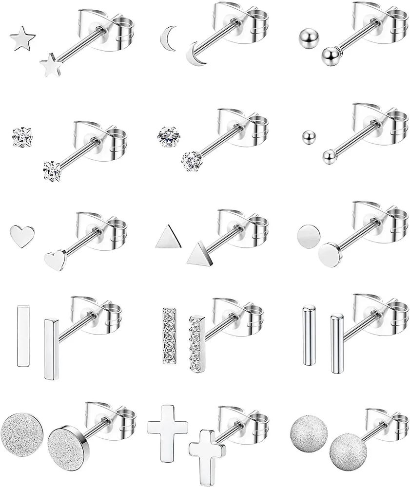 15 Pairs Stainless Steel Stud Earrings for Women Small CZ Heart Star Moon Triangle Bar Ball Stud Earrings Cartilage Helix Ear Piercing Set 20G - Grocery