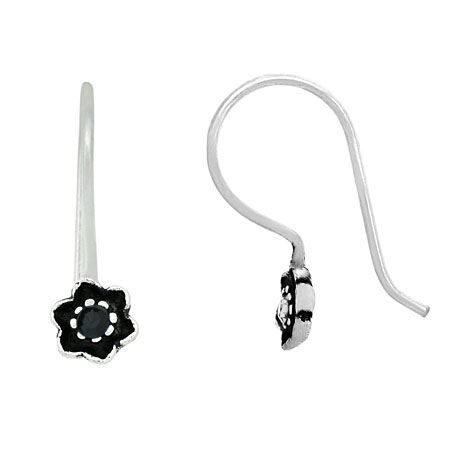 Sterling Silver Black Rhinestone Mini Flower Dangle Earrings - Grocery