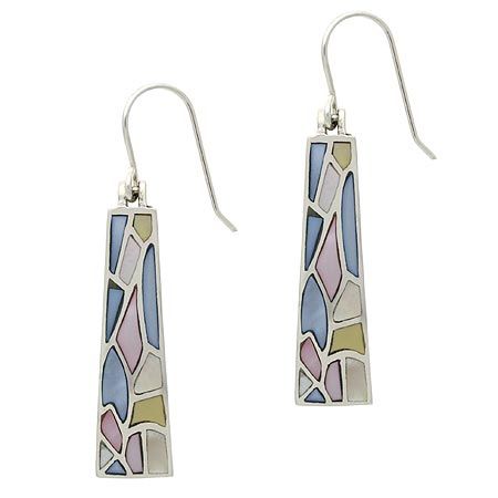 Sterling Silver .925 Genuine Mother of Pearl, Pink, Blue, and Yellow Shell Stone Inlay Mosaic Bar Earrings - Grocery