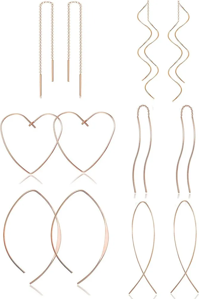 6Pairs Stainless Curved Threader Earrings Dangle Drop Earrings for Women Lightweight Twist Threader Earrings - Grocery