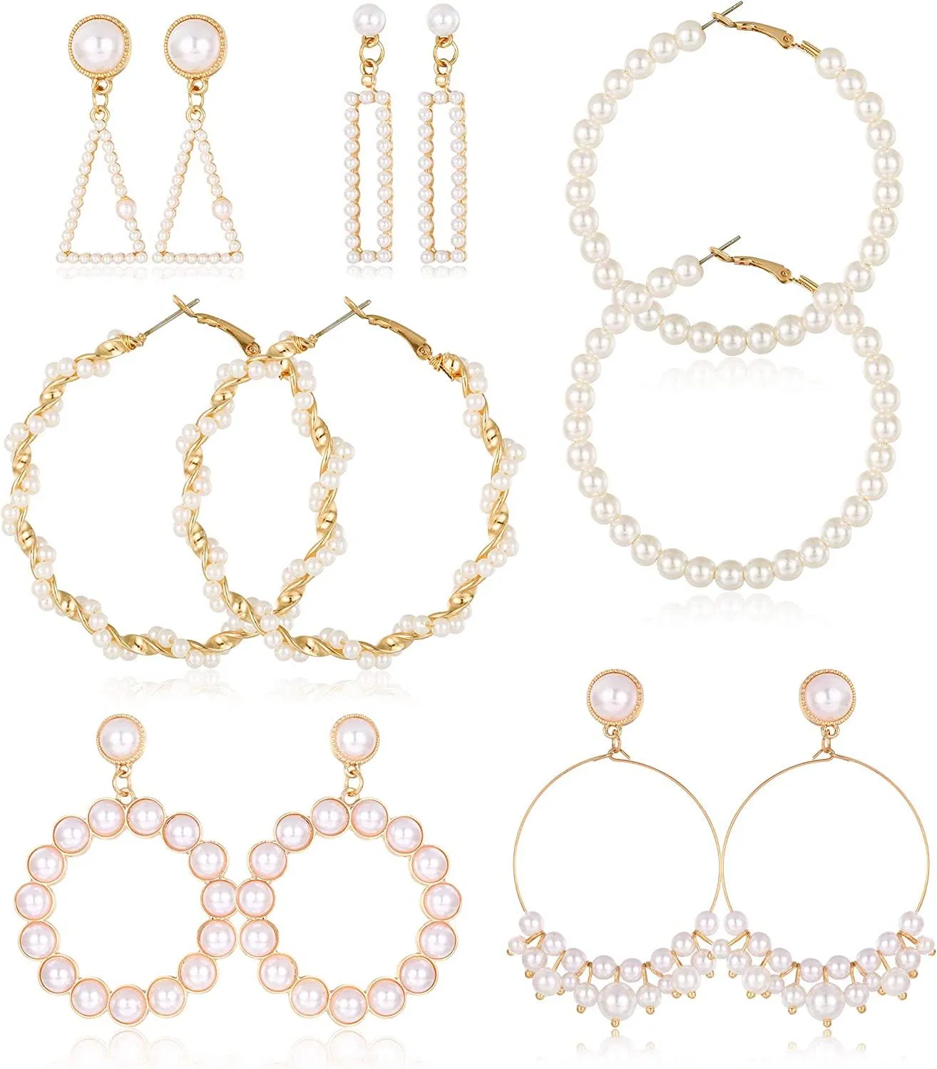 6 Pairs Luxury Pearl Hoop Earrings for Women Drop Statement Earrings Mother's Day Gift - Grocery