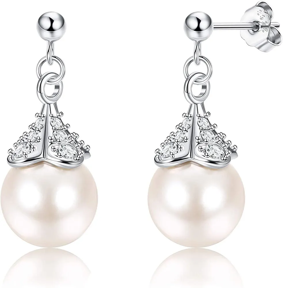 925 Sterling Silver Pearl Earrings for Women Cubic Zirconia Flower Ball Stud Earrings Round White Pearl Drop Earrings Dainty Wedding Christmas Gift - Grocery