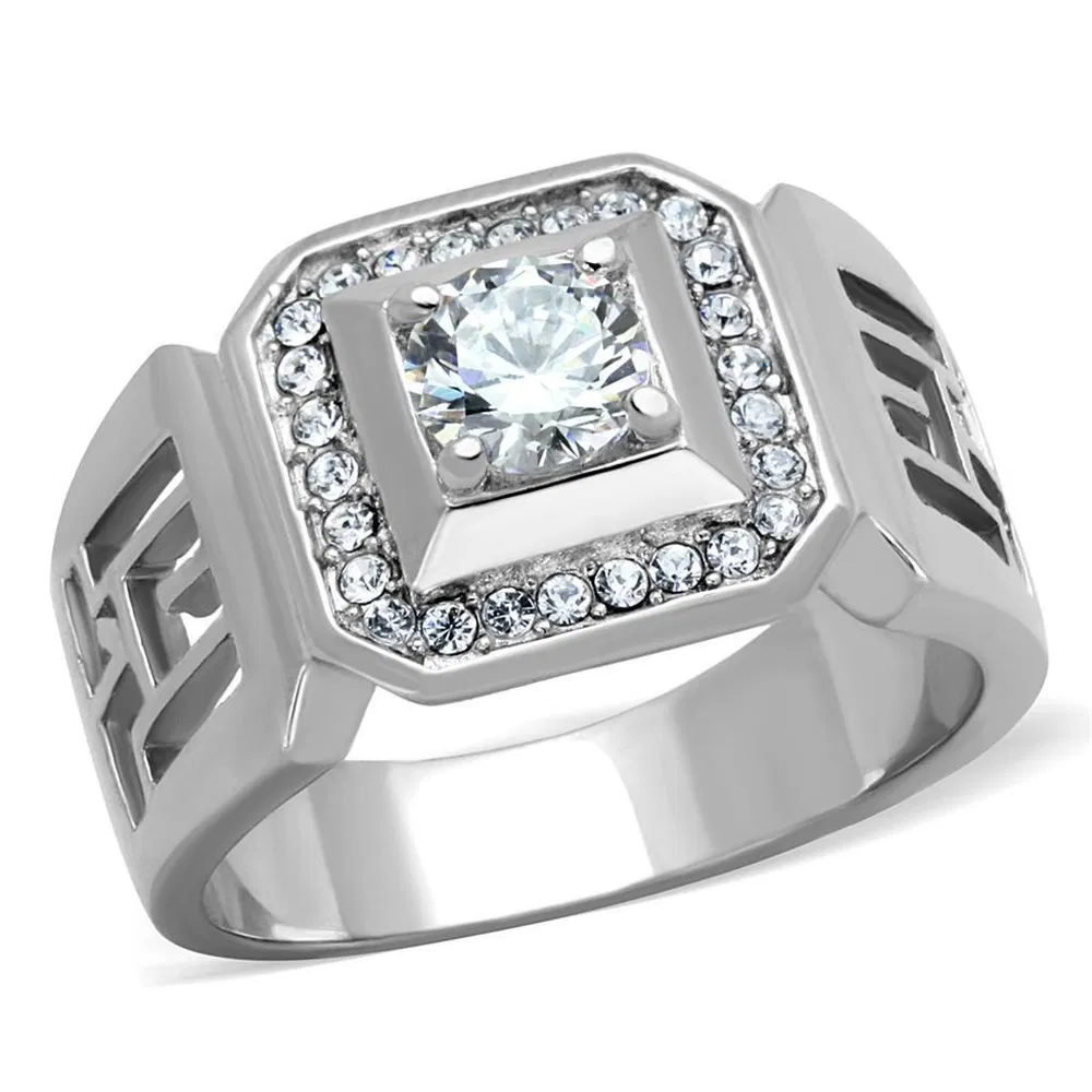 TK2046 - High polished (no plating) Stainless Steel Ring with AAA Grade CZ in Clear - Grocery