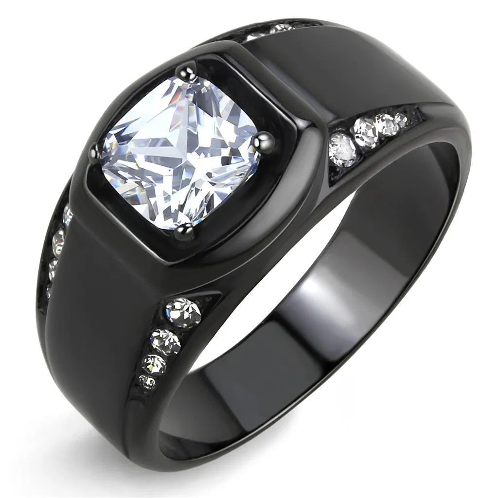 TK3467 - IP Black(Ion Plating) Stainless Steel Ring with AAA Grade CZ in Clear - Grocery