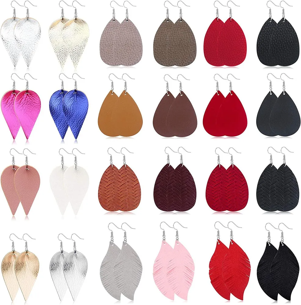 24 Pairs Multiple Leather Earrings for Women Teardrop Leaf Cross 3 Layered Lightweight Dangle Earrings Sets - Grocery