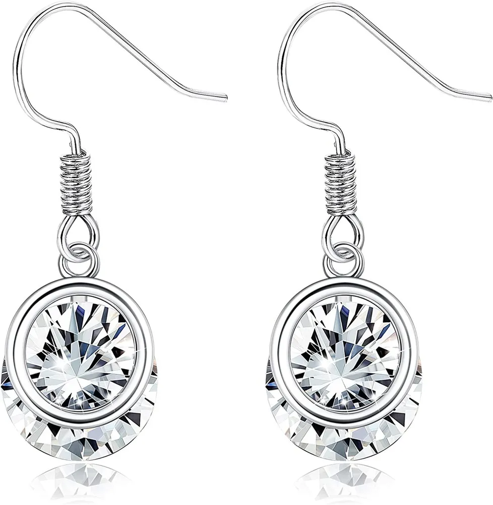 Sterling Silver Minimalist CZ Dangle Earrings For Women White Gold Plated Round Cut 3.0ct Cubic Zirconia Jewelry Dainty Small Drop Dangle Earrings - Grocery