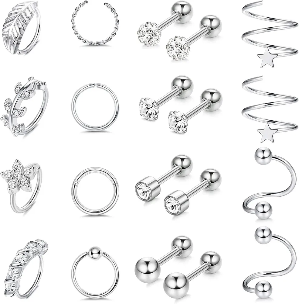 20Pcs Cartilage Earrings for Women Stainless Steel Helix Earring Hoop Rook Daith Conch Tragus Stud Earrings Body Piercing Jewelry Set - Grocery