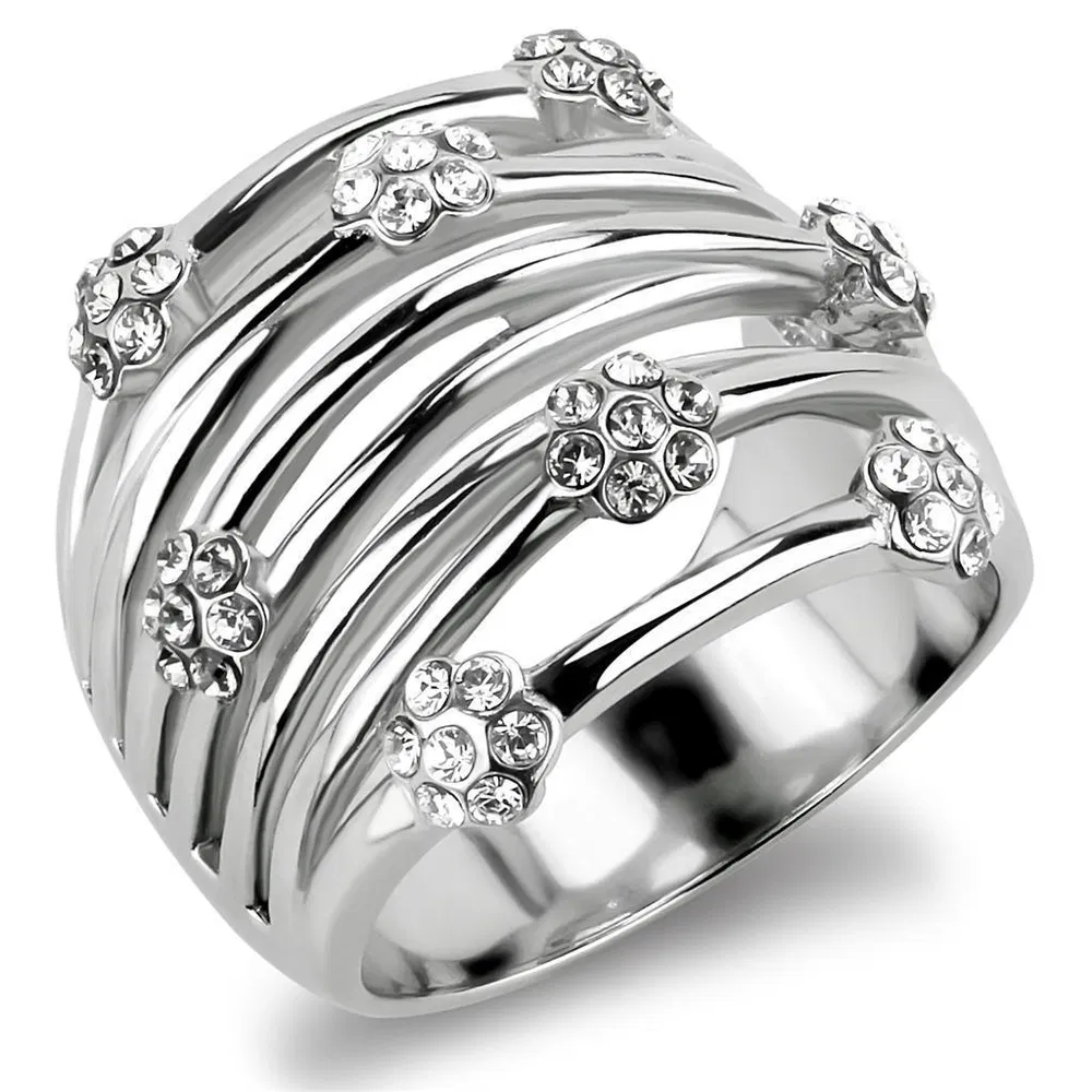 TK1372 - High polished (no plating) Stainless Steel Ring with Top Grade Crystal in Clear - Grocery