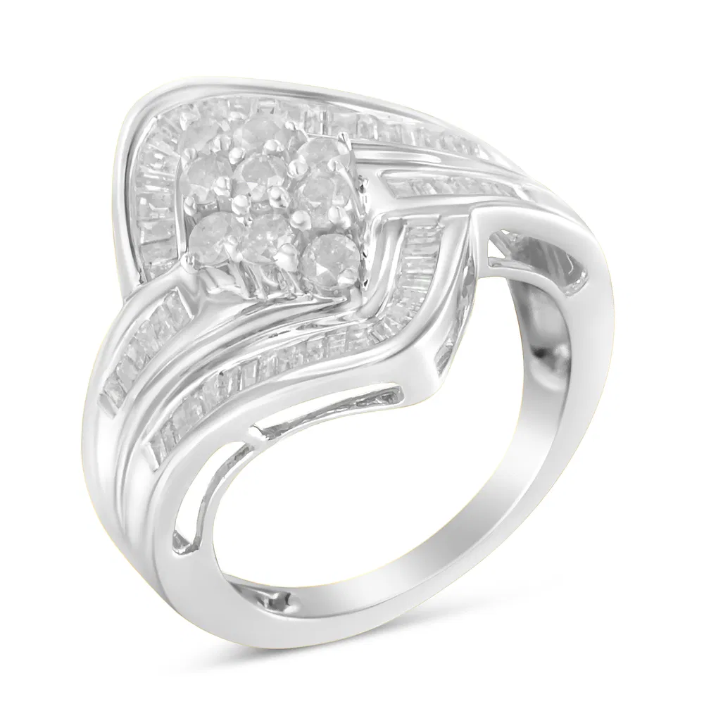 .925 Sterling Silver 1.0 Cttw Round & Baguette Cut Diamond Bypass Faux-Wrap Cluster Engagement or Cocktail Ring (I-J Color, I2-I3 Clarity) - Grocery