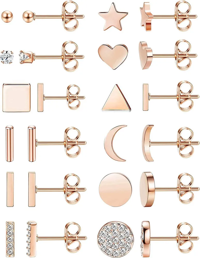 12Pairs Stainless Stud Earrings Set for Women Tiny Ball Round CZ Bar Earrings Cute Heart Star Moon Cartilage Earrings Piercing - Grocery
