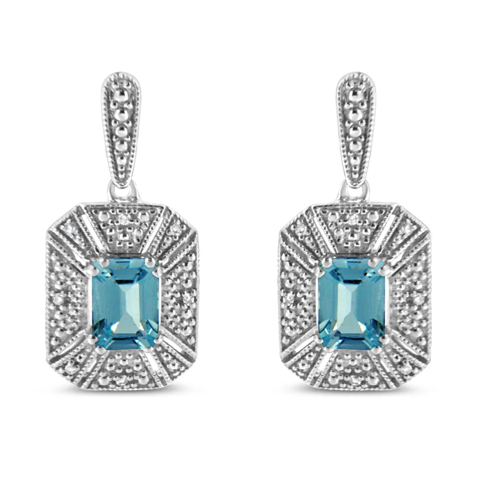 .925 Sterling Silver 7x5MM Emerald Shape Blue Topaz and Diamond Accent Art Deco Halo Style Drop and Dangle Earrings (I-J Color, I1-I2 Clarity) - Grocery