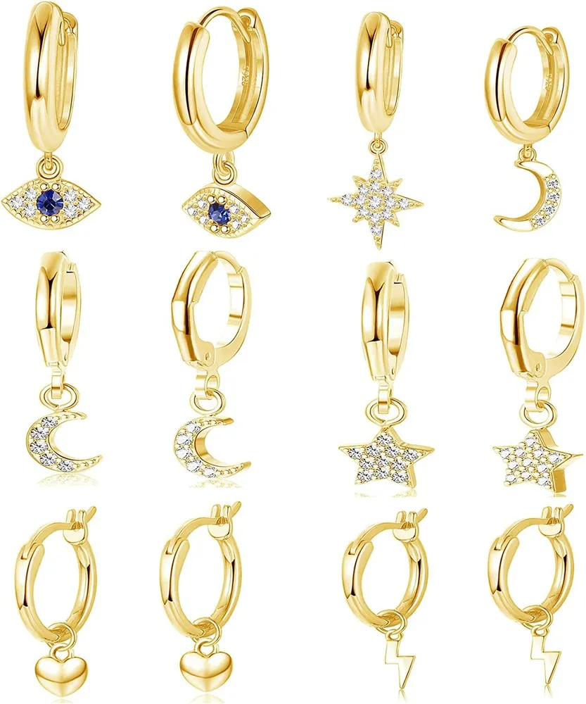 6 Pairs Huggie Hoop Earrings for Women Heart CZ Star Moon Evil Eye Dangle Hoop Cute Drop Earrings Set - Grocery