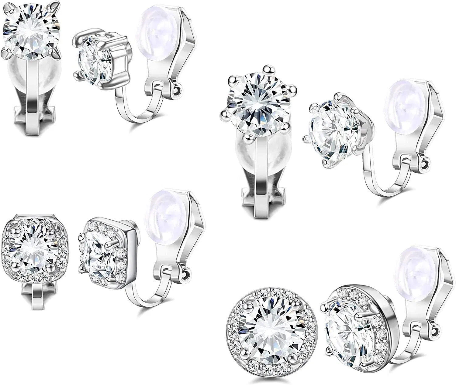 4 Pairs Silver Rose Gold Clip Earrings for Women Girls Cubic Zirconia Stud Ear Clips Hypoallergenic Non Pierced Clip On Earrings Fashion Gift - Grocery