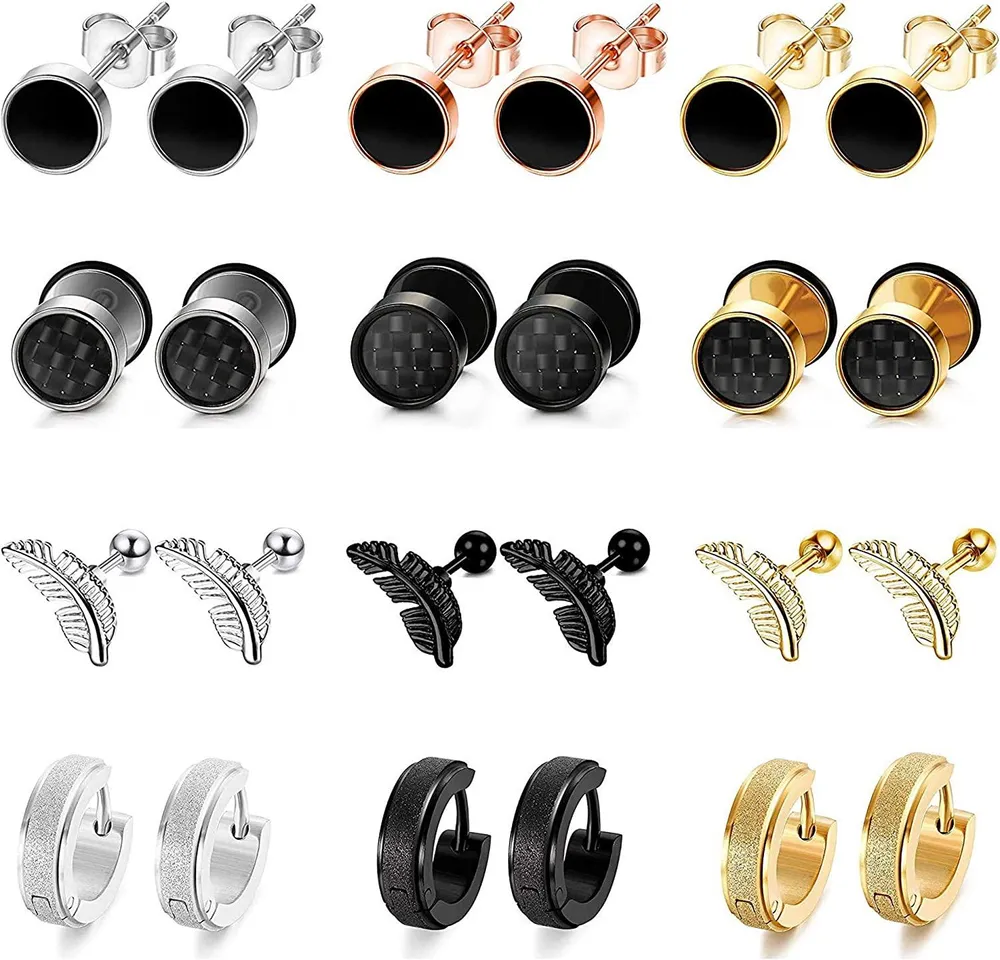 12 Pairs Stainless Stud Earrings for Men Women Feather Cartilage Earrings Hoop Huggie Earrings Helix Piercing Earrings Jewelry - Grocery