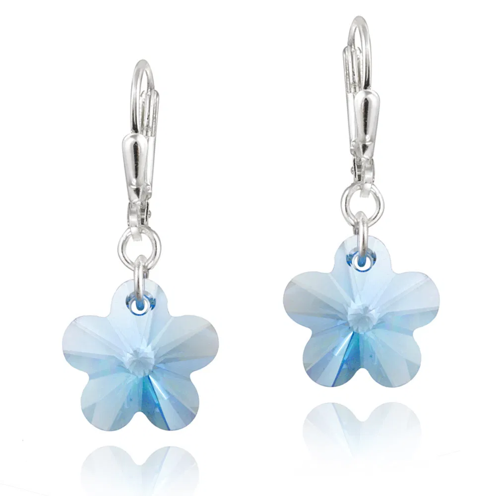Sterling Silver Aqua Swarovski Elements Flower Dangle Leverback Earrings - Grocery