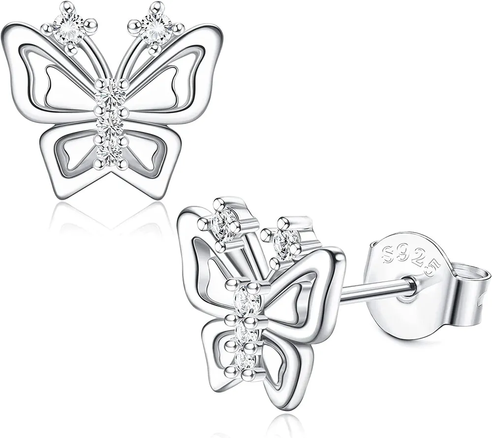 925 Sterling Sliver Flower Stud Earrings for Women Cute Butterfly Moon Star Daisy Cubic Zirconia Stud - Grocery