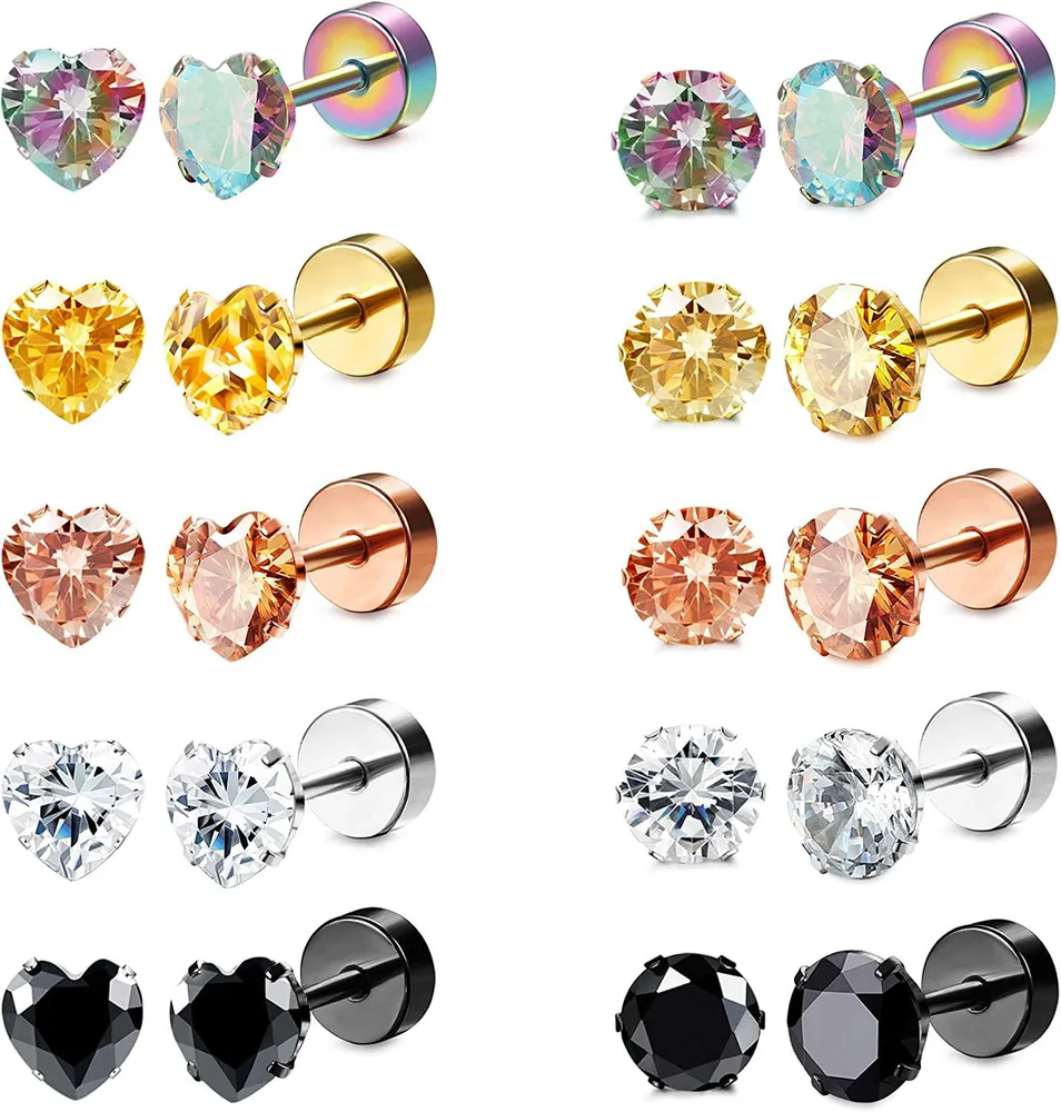 10 Pairs Stainless CZ Stud Earrings for Women Men Tragus Helix Round Heart Cubic Zirconia Flat Back Screw Back 20G Ear Piercing Set - Grocery
