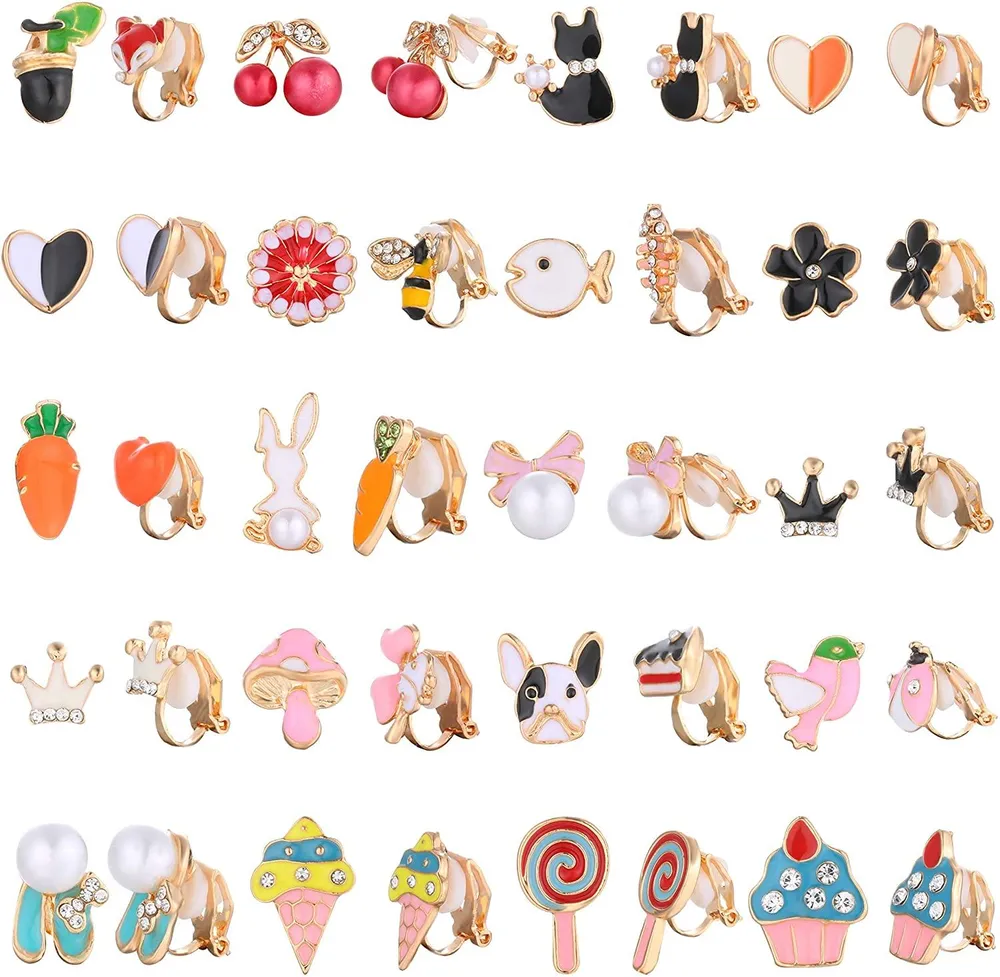 20Pairs Painless Clip On Earrings for Teen Girl Women Lollipop Ice Cream Multiple Animals Cute Pattern Christmas Gift - Grocery