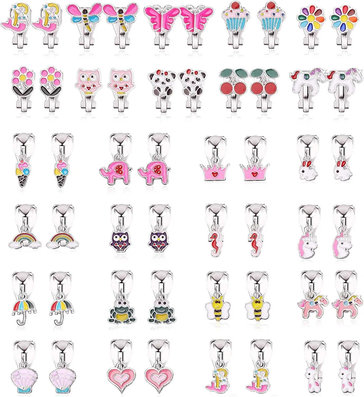 26 Pairs Cute Clip on Earrings Assorted Animal Earrings for Women; Flower Heart Unicorn Mixed Color Earrings Pack for Non Pierced - Grocery