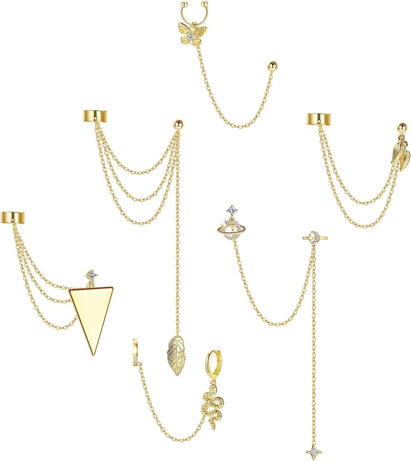 6Pcs Cuff Earrings Chain Ear Cuff Crawler Earrings Dangling Chain Butterfly Star Moon Leaf Cuff Earrings for Women - Grocery