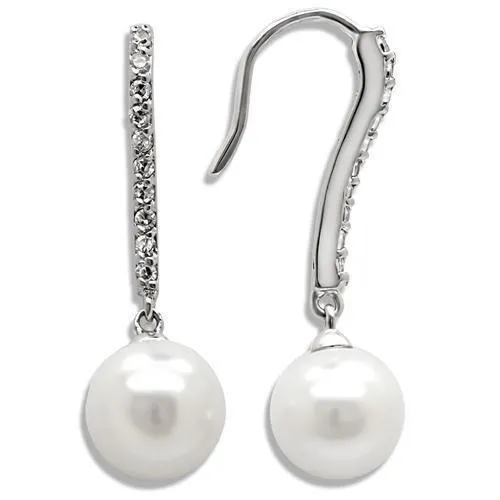LO1565 - Rhodium Brass Earrings with Synthetic Pearl in White - Grocery